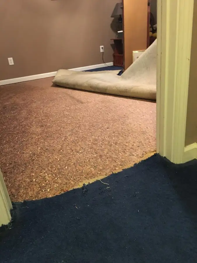 Carpet pad removal revealing water damage during Drying & Dehumidification in Huntington Beach